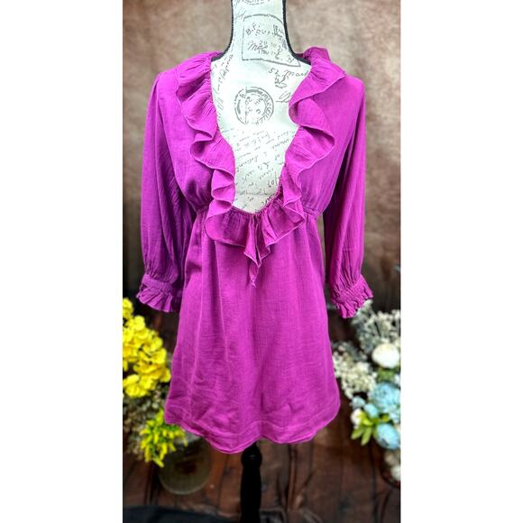 Free People Ruffled Collar 3/4 Sleeves Deep V Front Morning Light Mini Dress XS - Picture 6 of 13